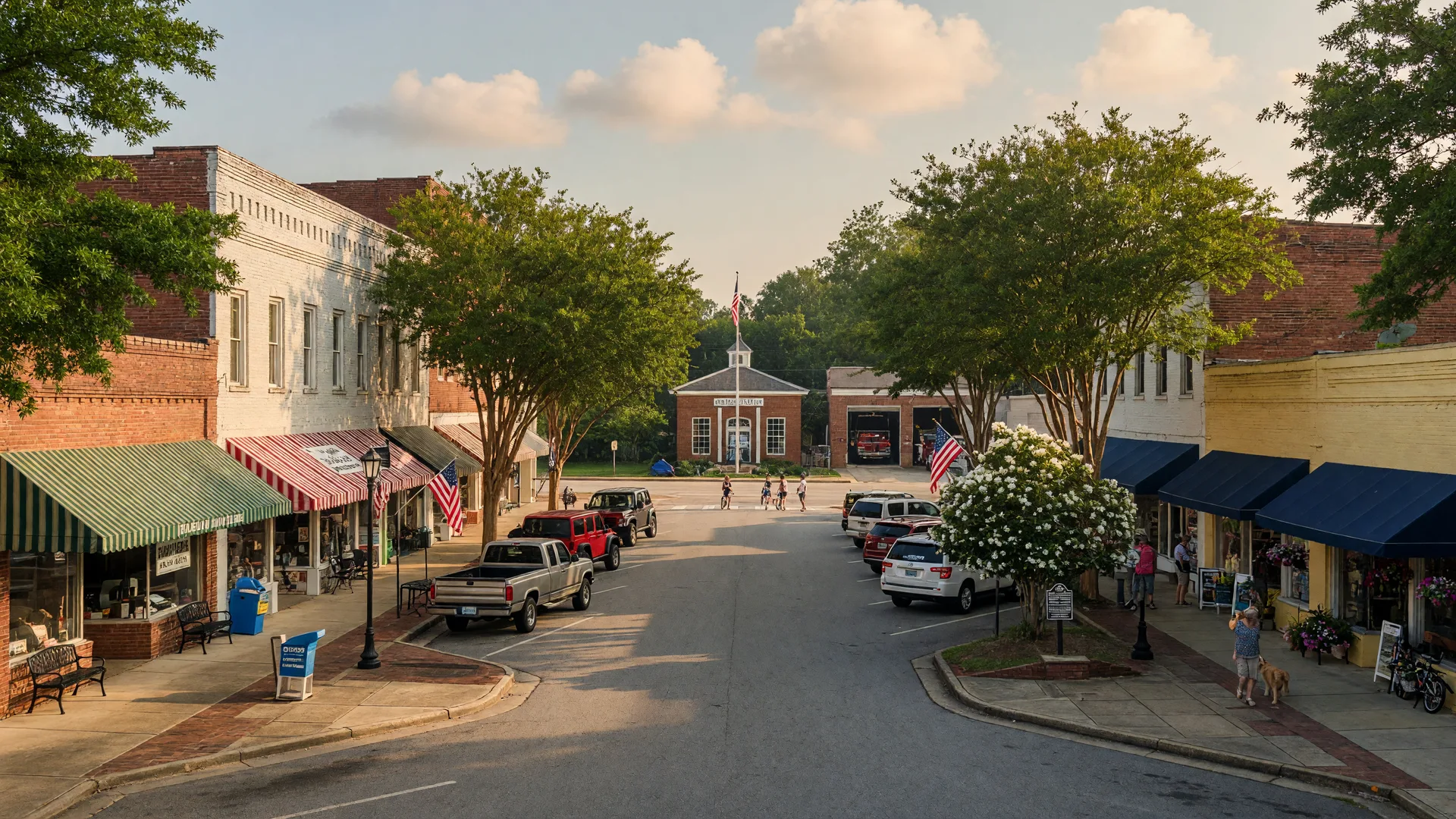 Downtown Rolesville, North Carolina main street with trees and local storefronts