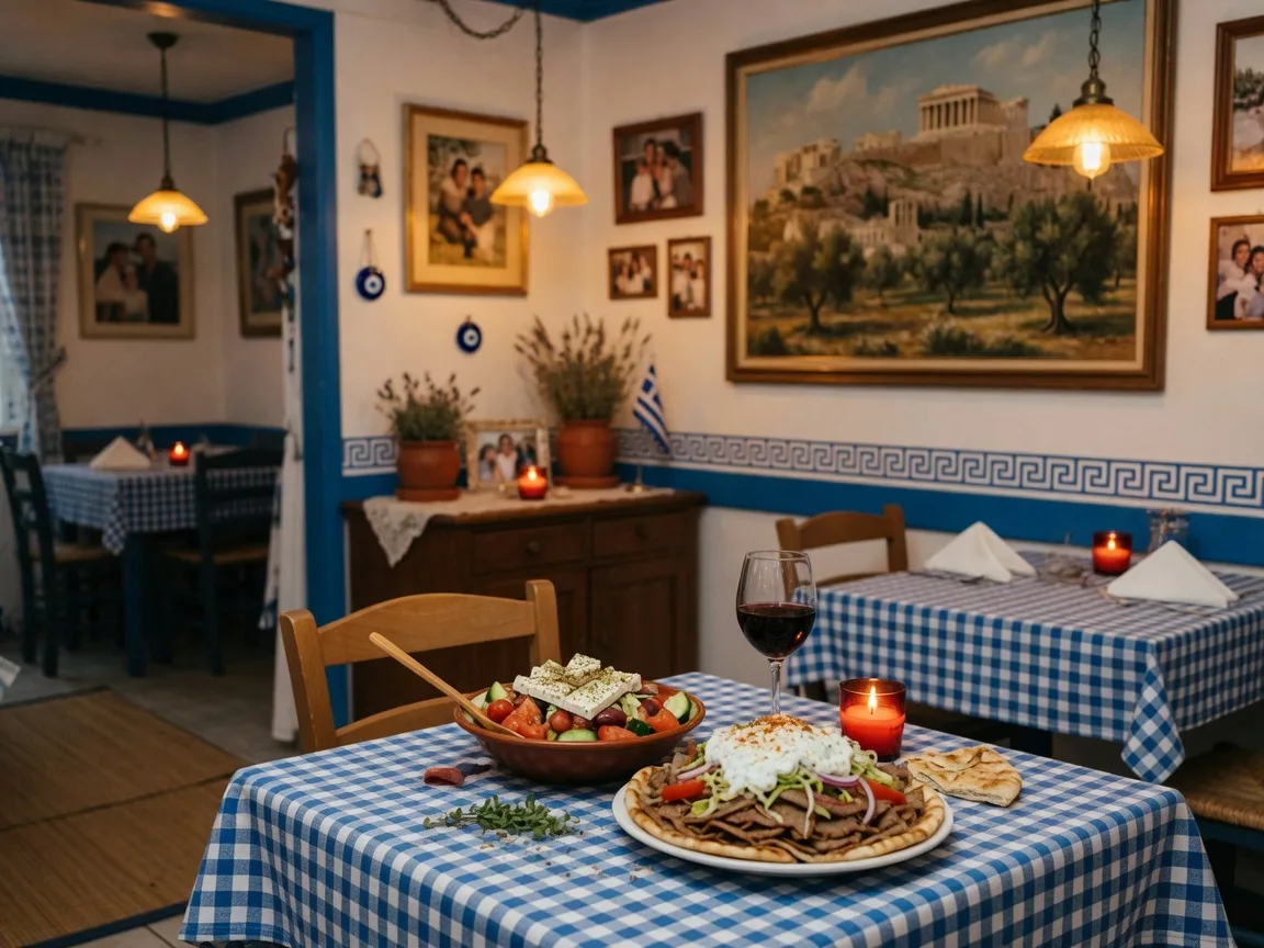 My Big Fat Greek Taverna interior in Dacula Georgia, blue and white Mediterranean décor with gyros, salad, and wine
