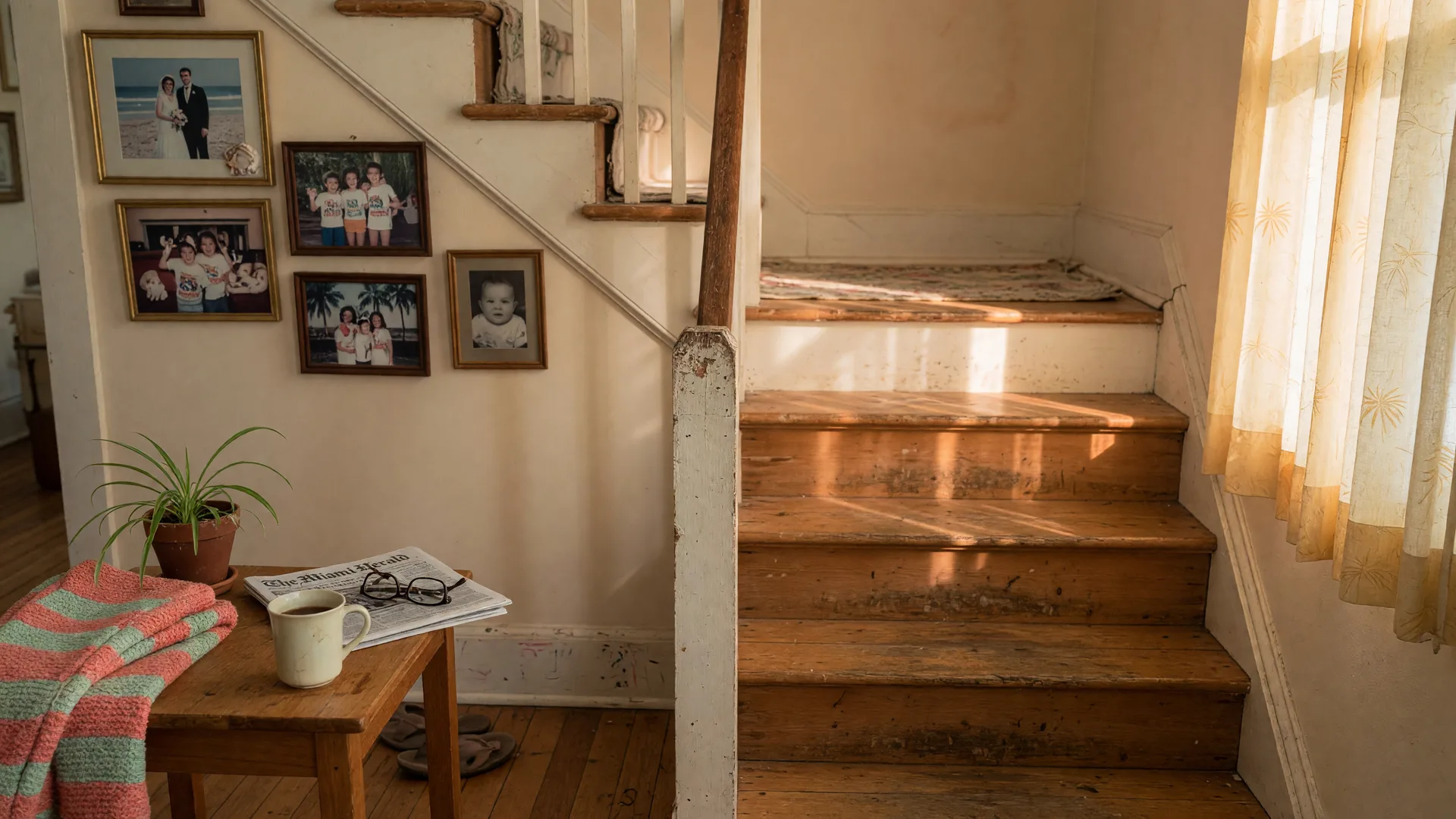 The bottom of a wooden staircase in a warm, lived-in Florida home at early morning, coffee cooling on a side table and framed family photos along the wall.
