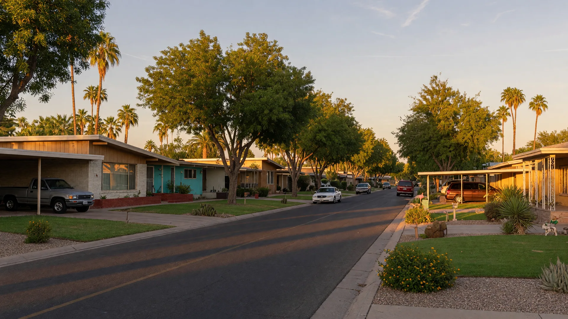 Established tree-lined residential street in Glendale, Arizona, with classic mid-century ranch homes at golden hour