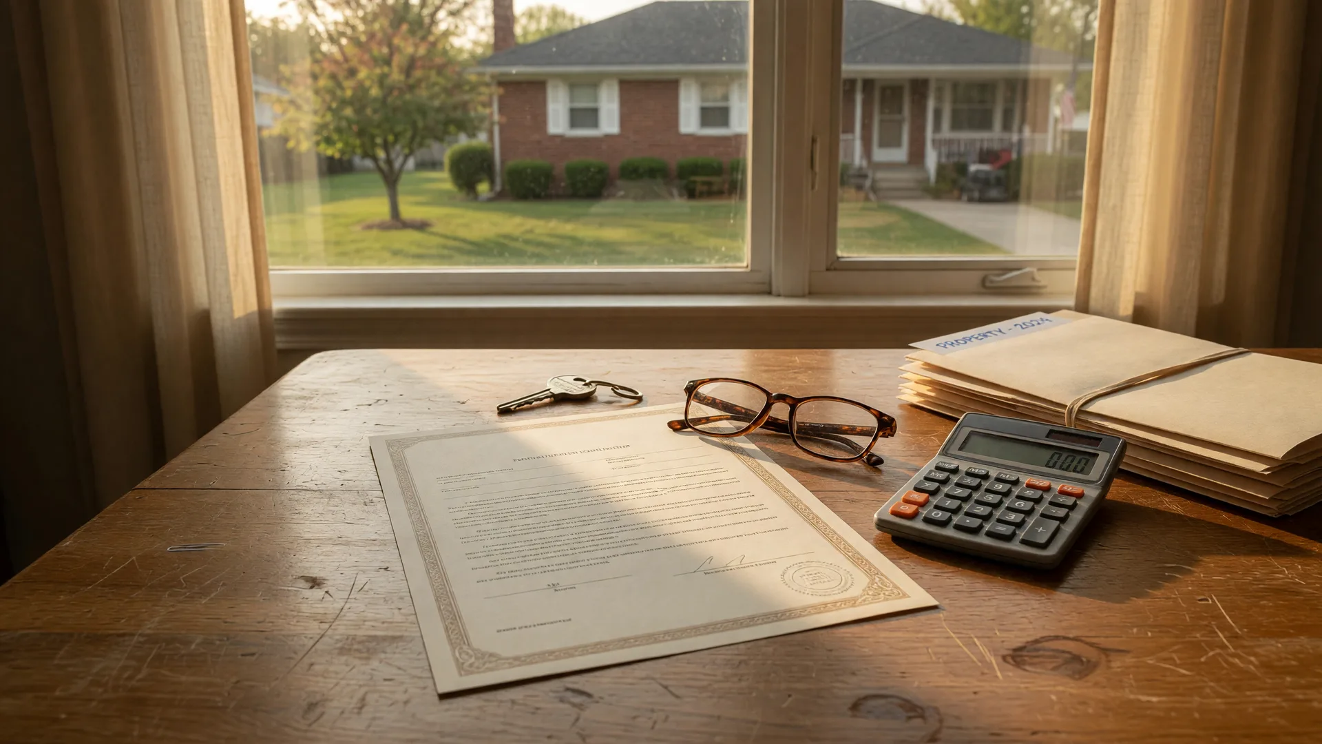 A warm still-life photograph of a family home office table with a deed document, reading glasses, a brass house key, a calculator, and manila folders, with a brick ranch home visible through the window