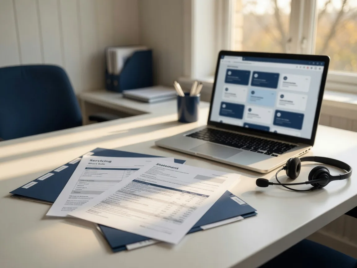 Clean lender resource desk with mortgage paperwork, a headset and a laptop showing program overviews.