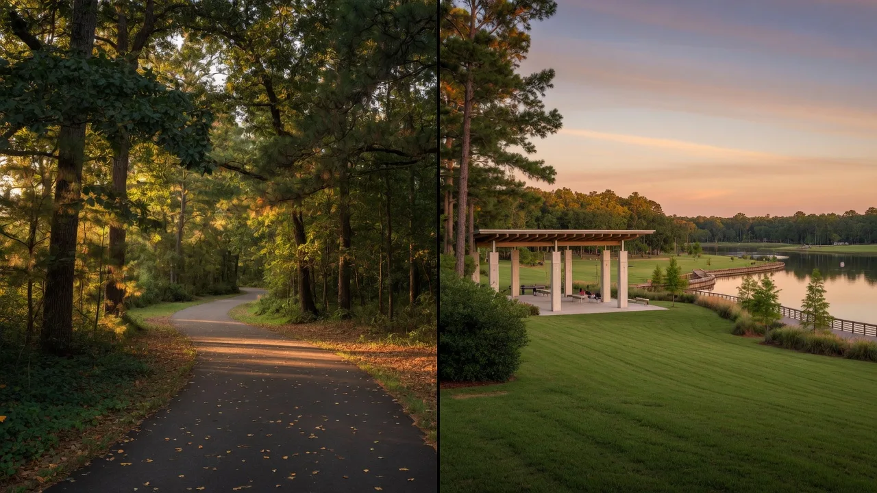 Split view of a forested greenbelt trail representing Kingwood and a park pavilion representing The Woodlands at golden hour