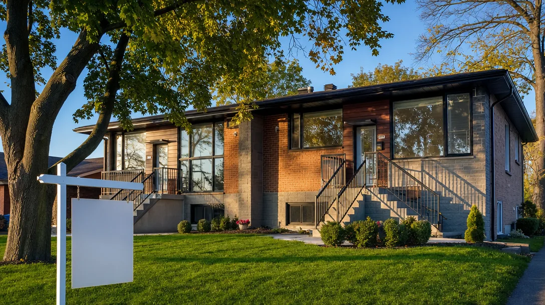 Well-maintained investment duplex on the Hamilton Mountain with a For Sale sign at golden hour