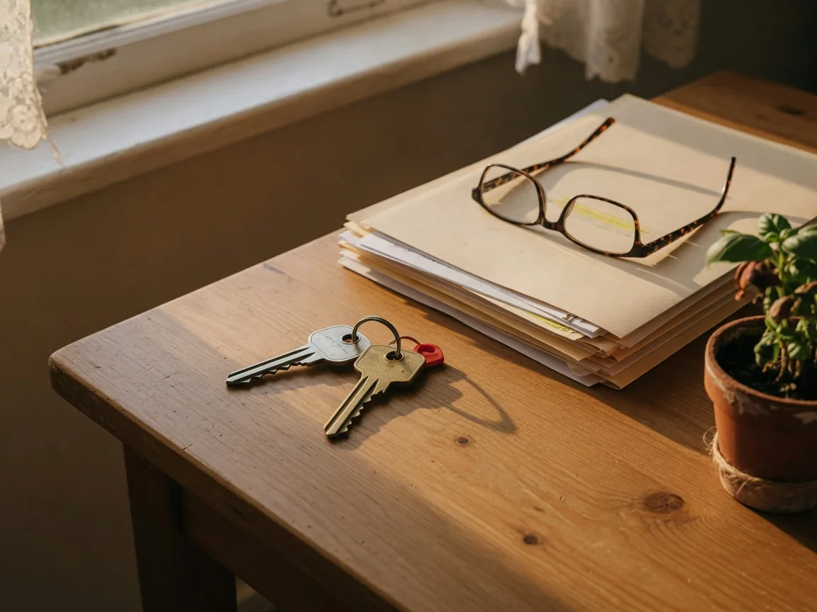 Two house keys lying side by side on a warm wooden kitchen table beside a folder of documents, reading glasses, and a small potted plant in soft golden window light