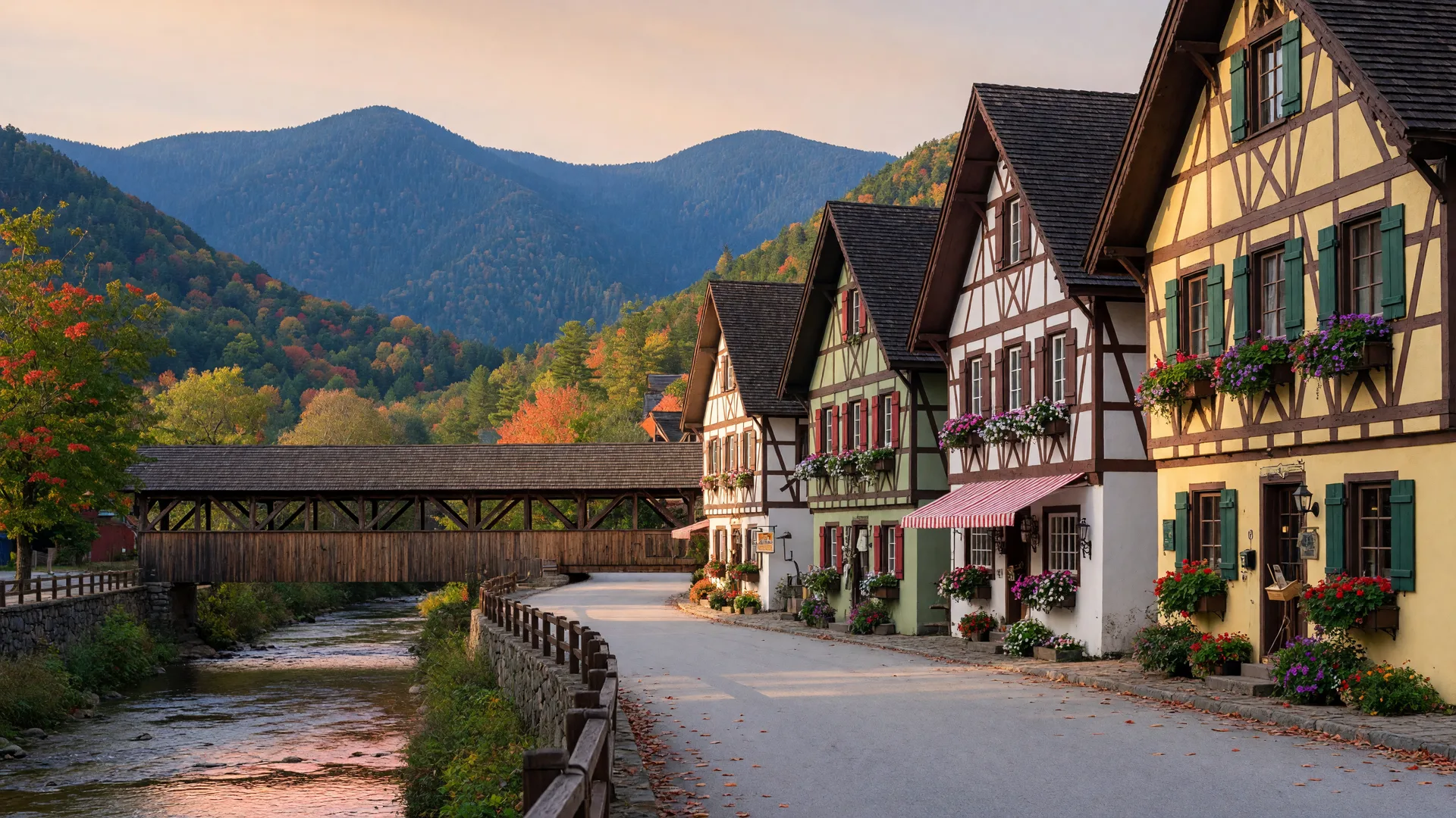 An Alpine-style village street with Bavarian-inspired storefronts along a river in the North Georgia mountains, the look Helen is known for