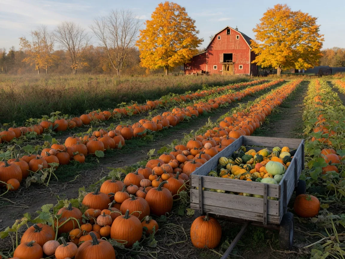 Rows of orange and sugar pumpkins in an Ontario farm patch on an October afternoon, with a wooden wagon of gourds at the edge of the row and a red barn in the distance