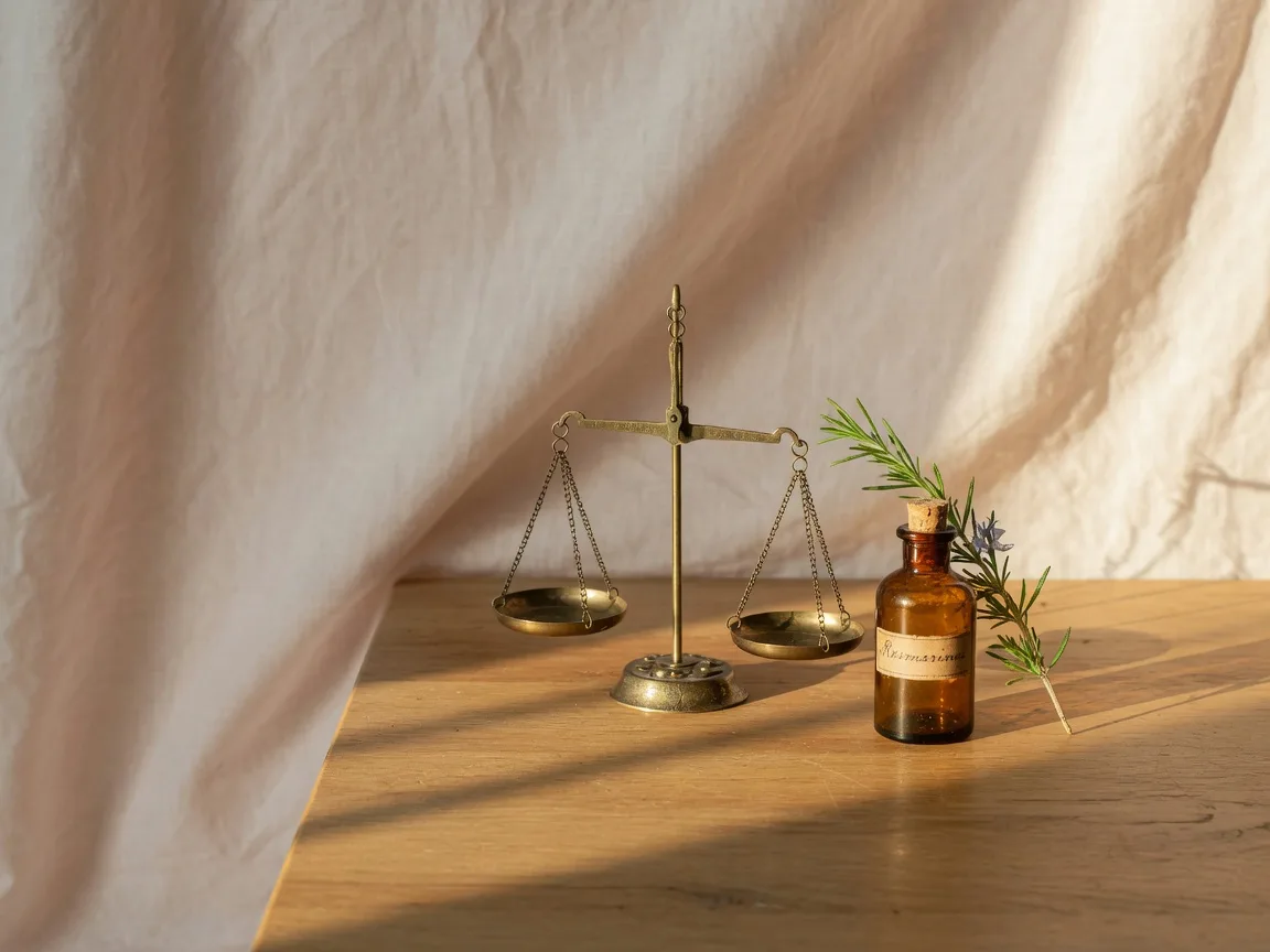 A brass balance scale beside an amber apothecary bottle and a sprig of rosemary on oak