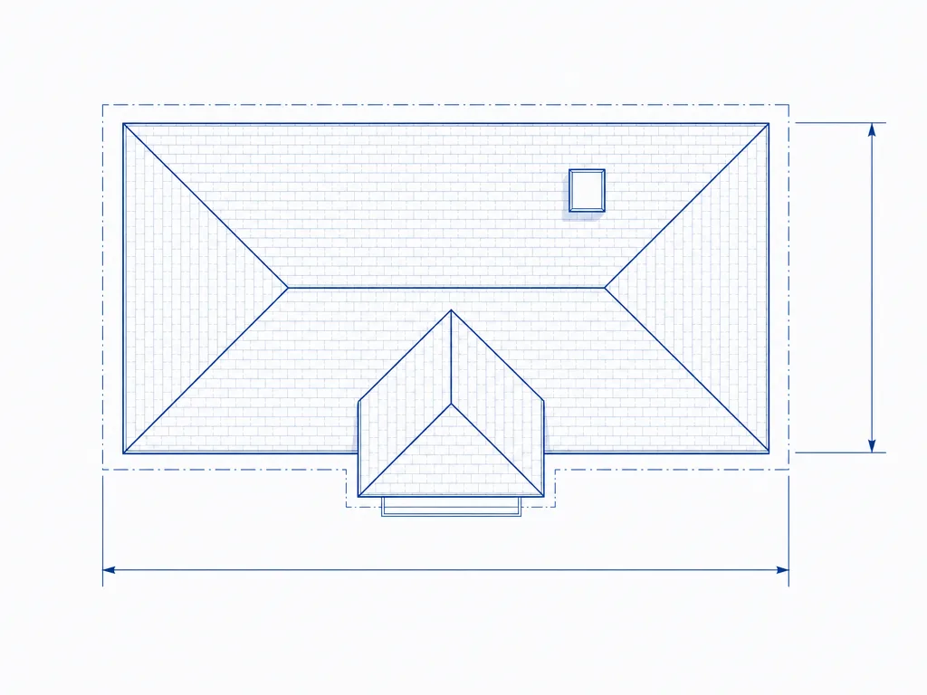 Blueprint-style diagram showing how to measure the horizontal roof footprint for rainwater catchment calculations, with a rectangular house shape and dimension lines.