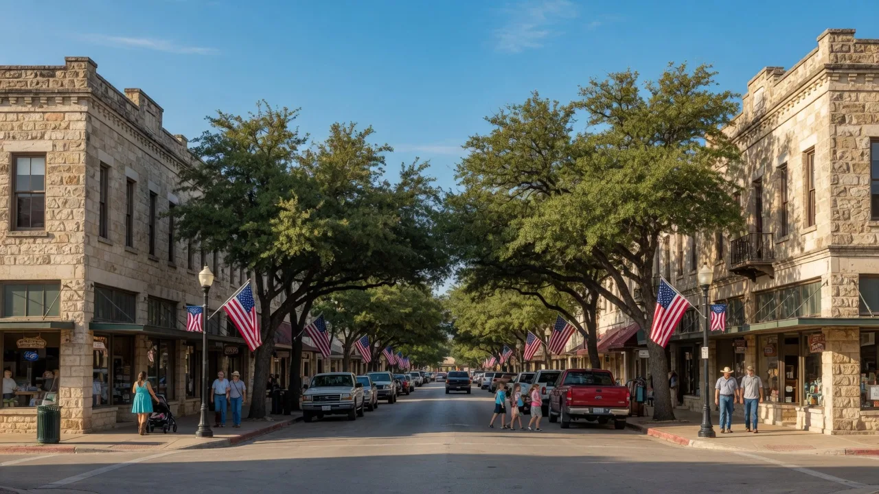 Historic downtown Boerne Texas with limestone storefronts on Main Street