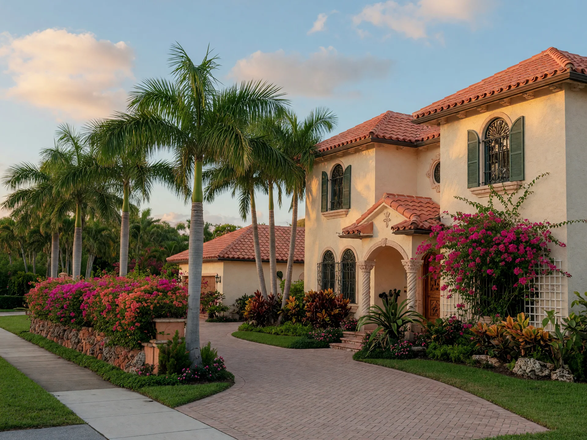 Mediterranean revival home in Palm Beach County with cream stucco walls, a barrel-tile roof, arched windows, and a tropical front garden
