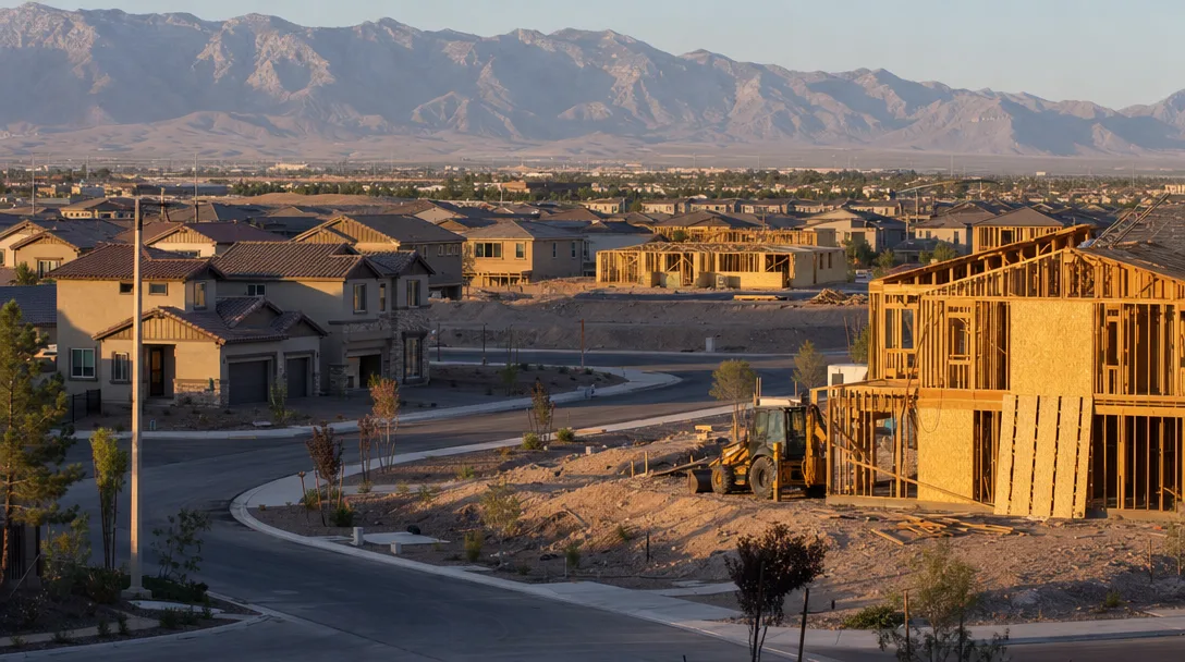 New home construction site in a Las Vegas suburban development with partially built homes and mountain views