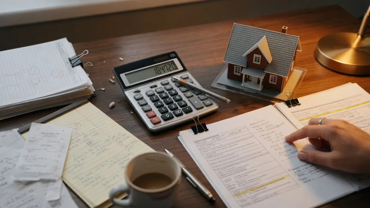 A calculator, financial documents, and a house model on a desk