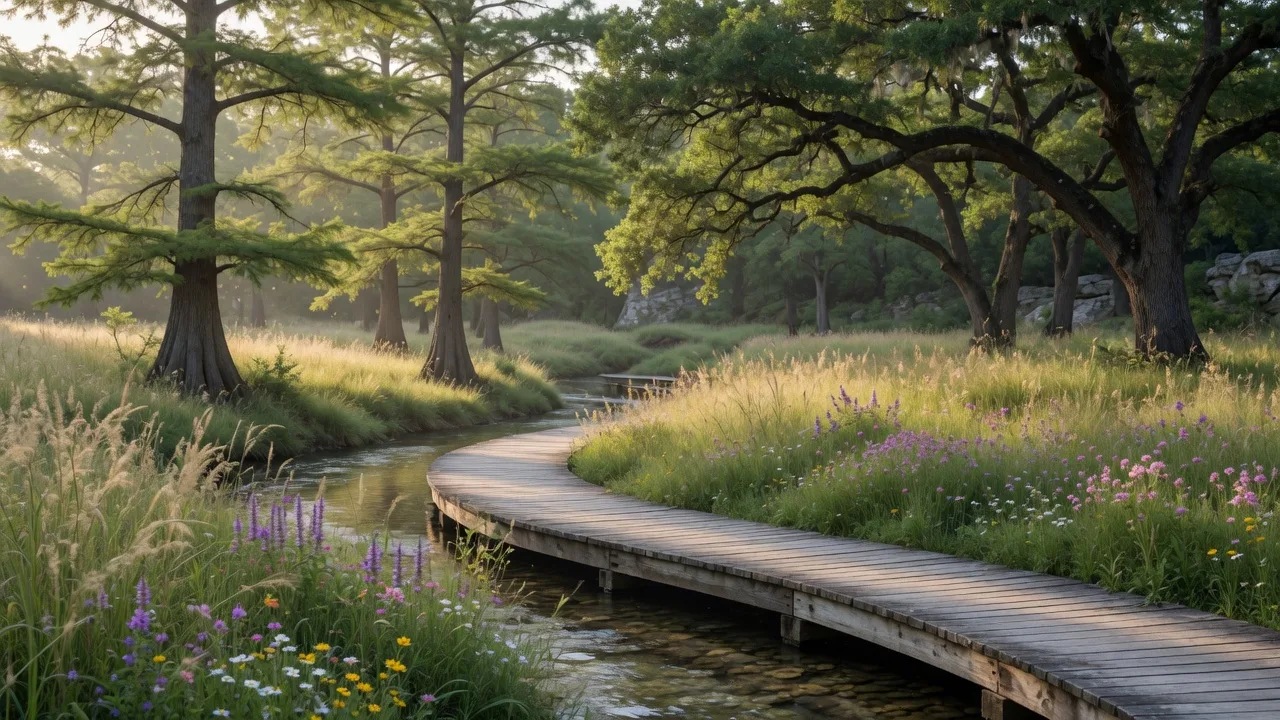 Cibolo Nature Center near Boerne Texas with wooden boardwalk through tall grass and wildflowers near a creek