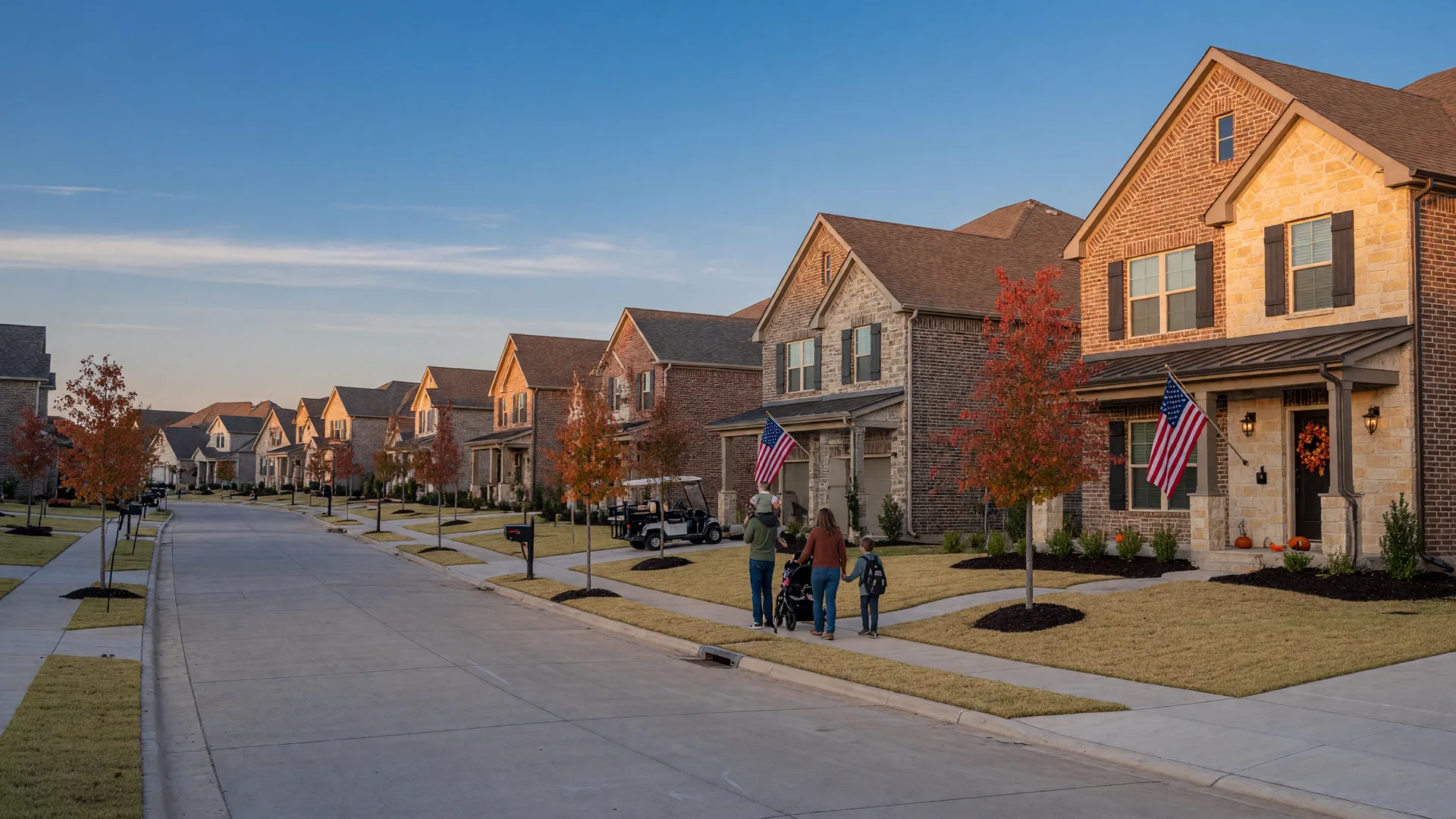 A North Texas master-planned community street at golden hour with new stone-and-brick homes and American flags on front porches