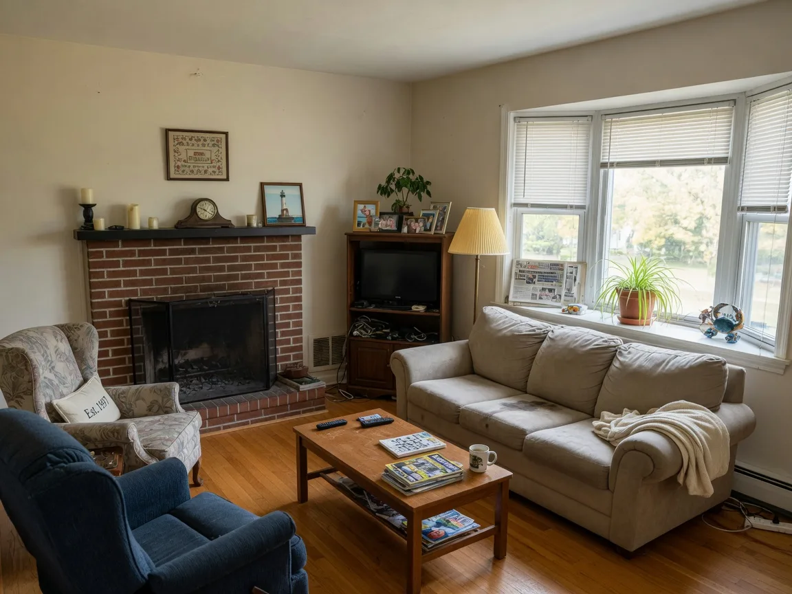 A beautifully staged living room in a Maryland home with neutral furniture, fresh flowers, and warm natural light streaming through the windows