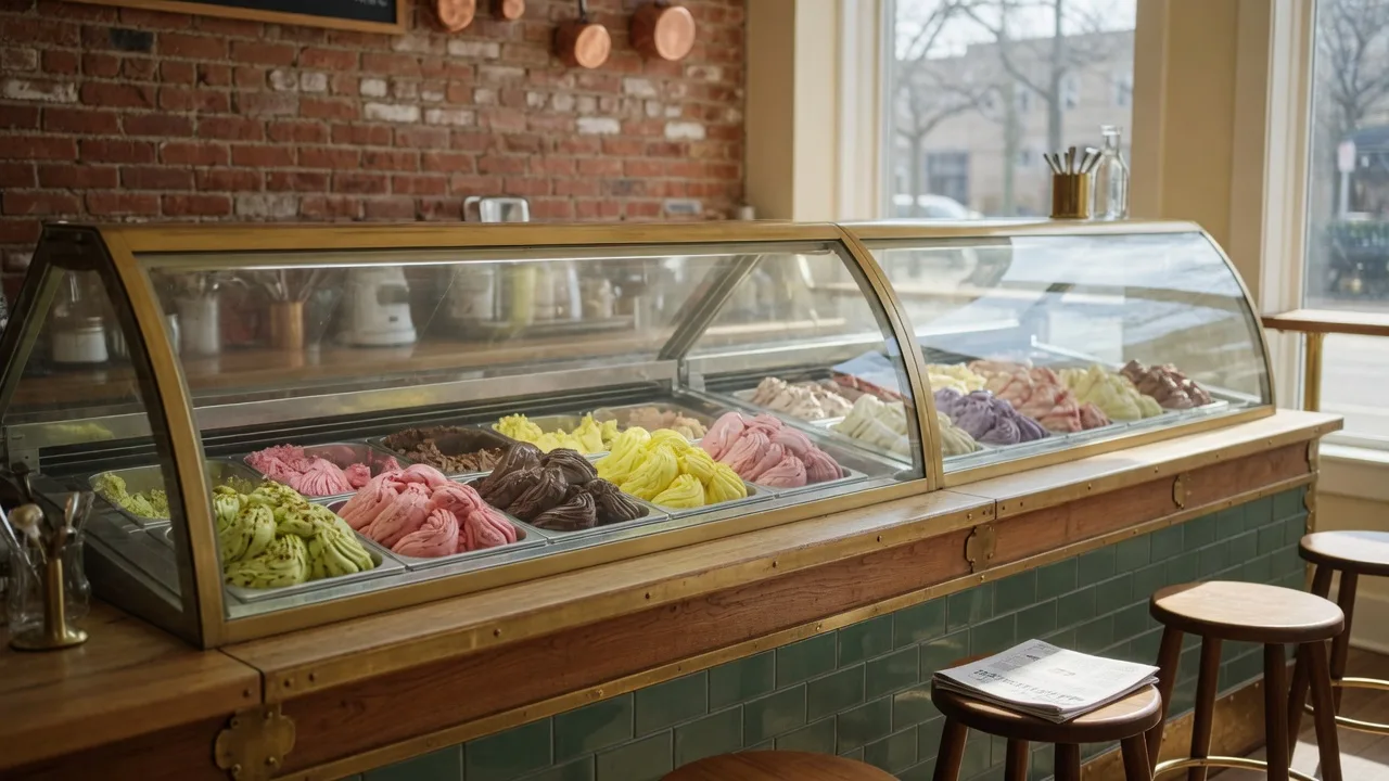 The warm interior of a small artisanal Italian gelato shop with a long wooden counter, glass display cases of colorful gelato, and exposed brick