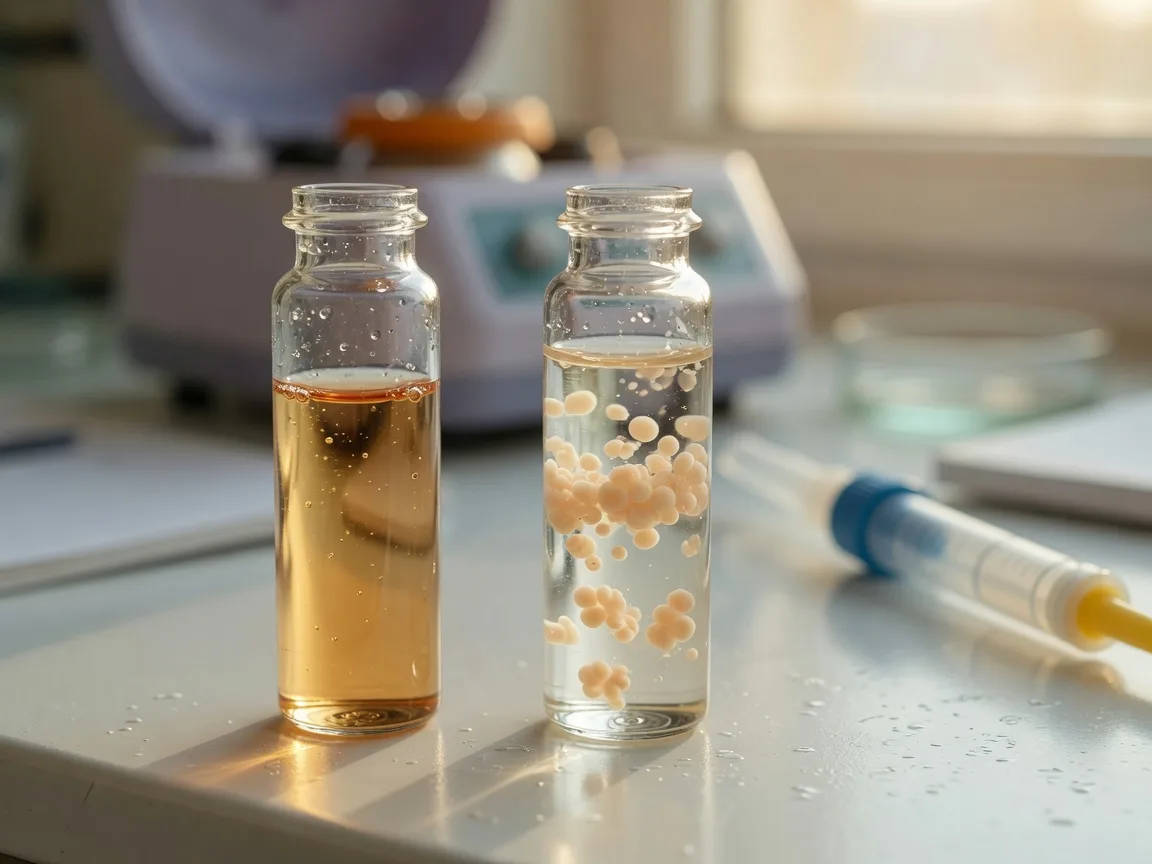 Two laboratory vials on a clinical counter, representing different cell-based treatment approaches