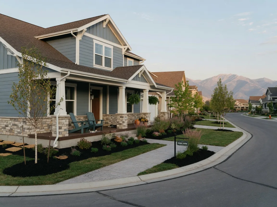 A newly built craftsman-style model home in a master-planned Utah community with the Wasatch Mountains beyond, ready for September tours