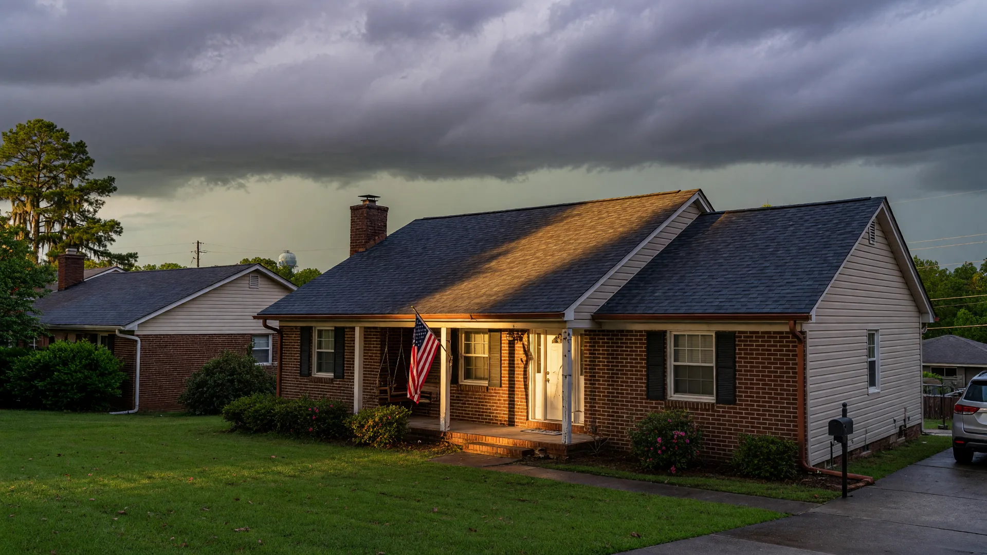 Suburban home in Metro Atlanta under a dramatic late afternoon sky with fresh roof shingles catching golden light