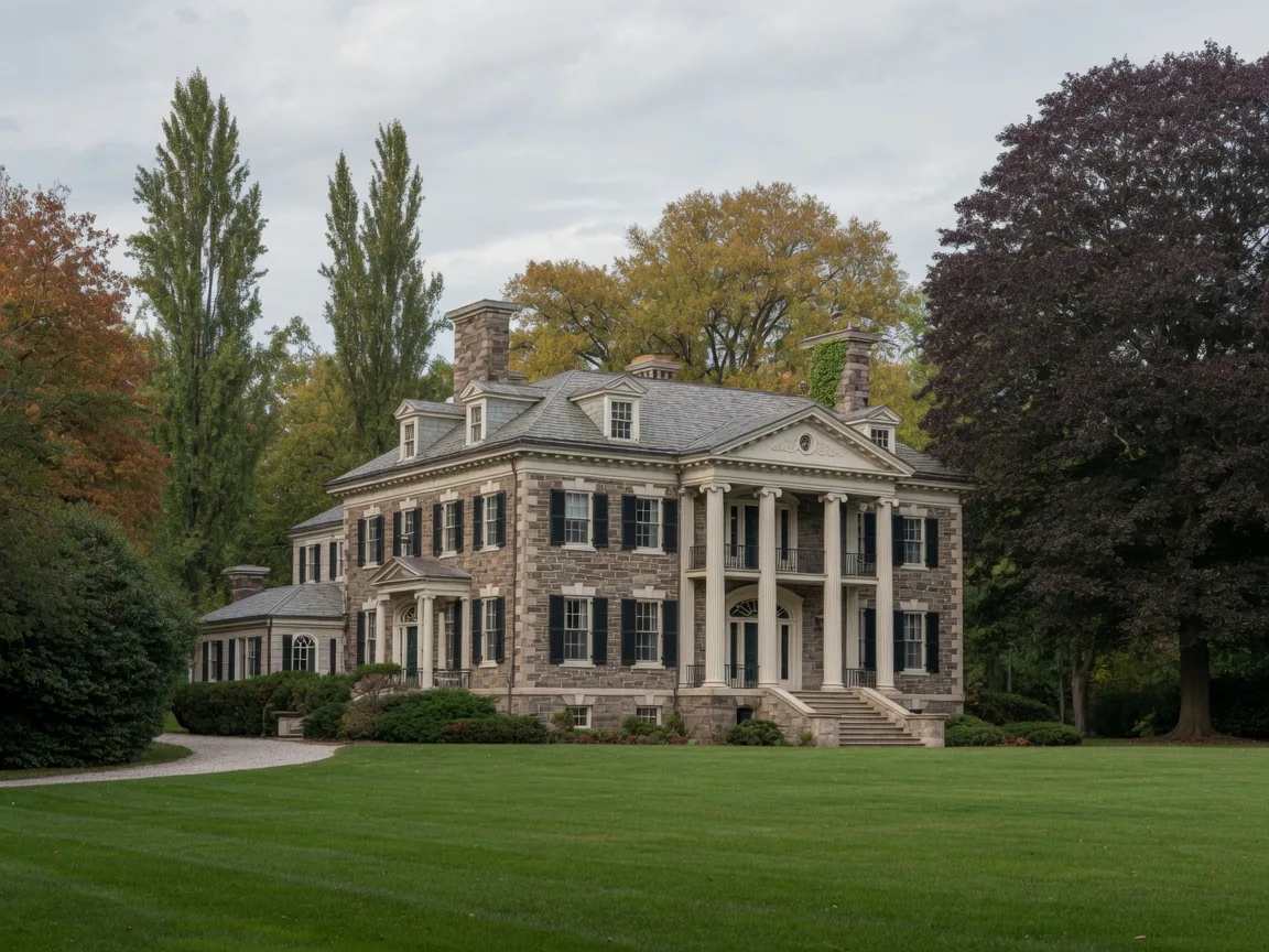 Grand Colonial stone mansion estate on wooded lot in Chestnut Hill