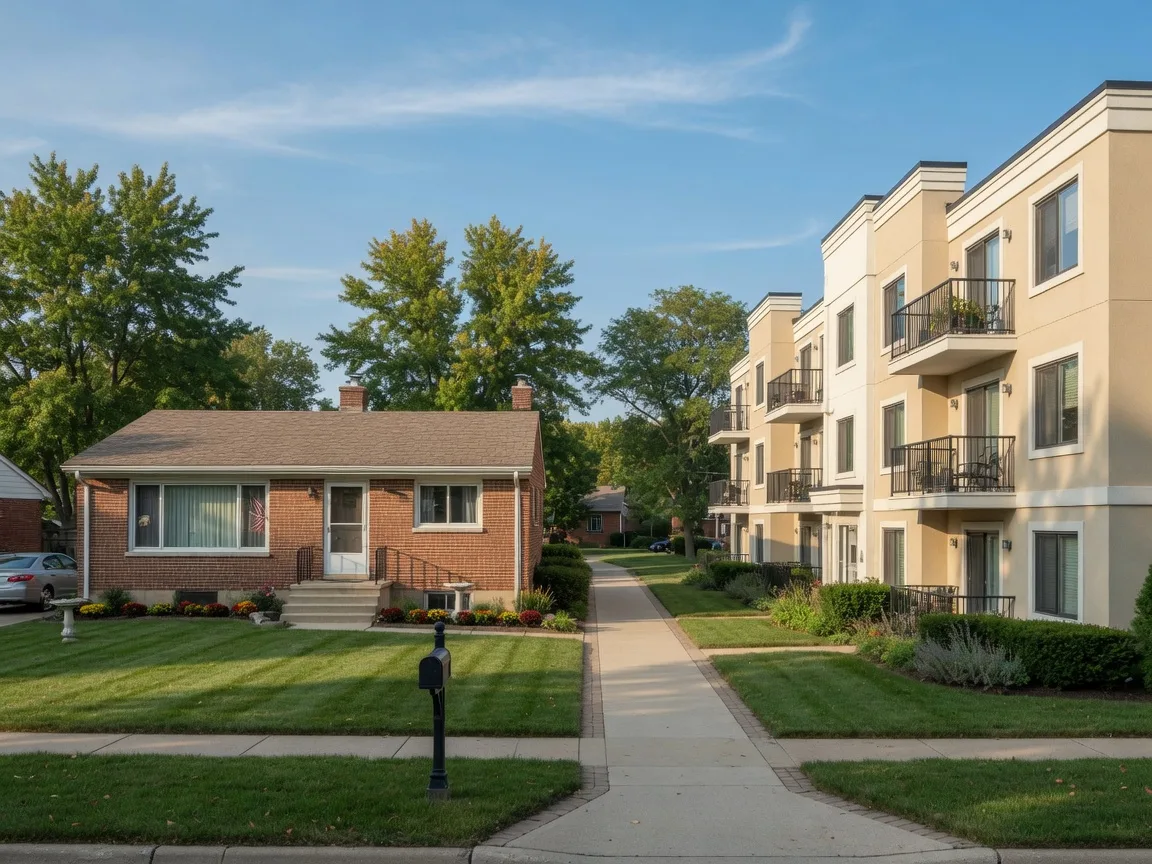A single-story brick ranch home and a neat stucco condo building side by side on a bright late-summer morning in Northwest Indiana