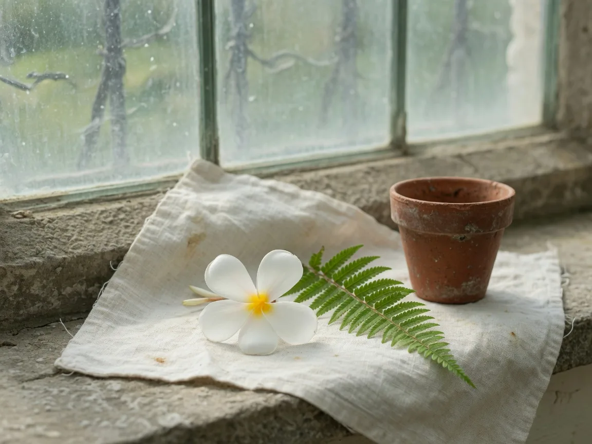 A white plumeria sprig lying on pale linen