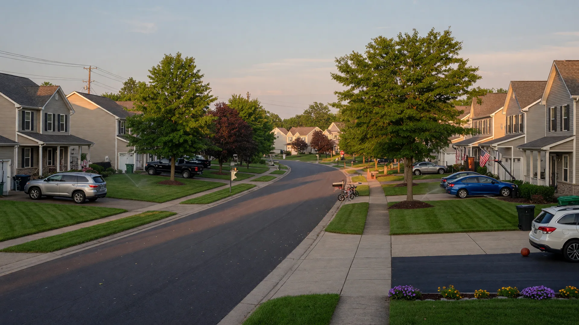 A pristine Dayton Ohio suburban neighborhood at golden hour with well-maintained newer homes, manicured lawns, and mature trees in warm evening light