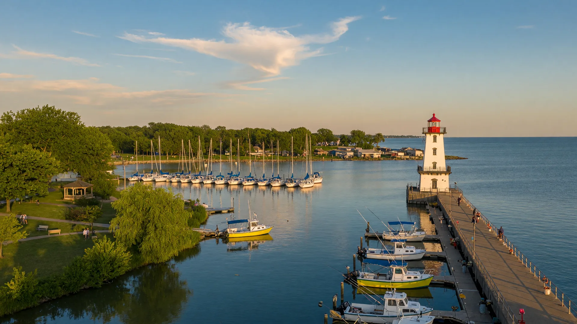 Huron River mouth at Lake Erie with the historic Huron Lighthouse, marina, and shoreline in Huron, Ohio