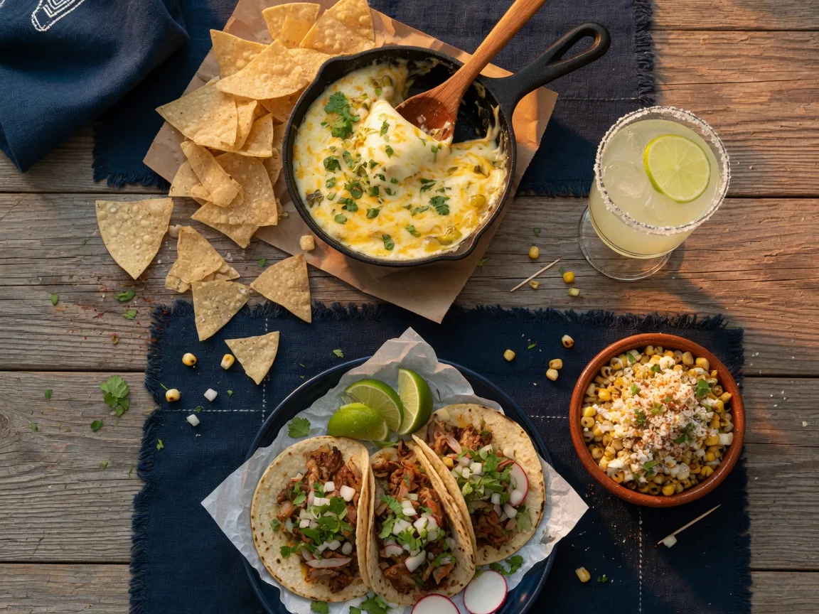 Mexican dishes at Frontera Mexican Kitchen Hamilton Mill Buford Georgia including melted cheese dip in a cast-iron skillet, street tacos, elote corn,and a margarita