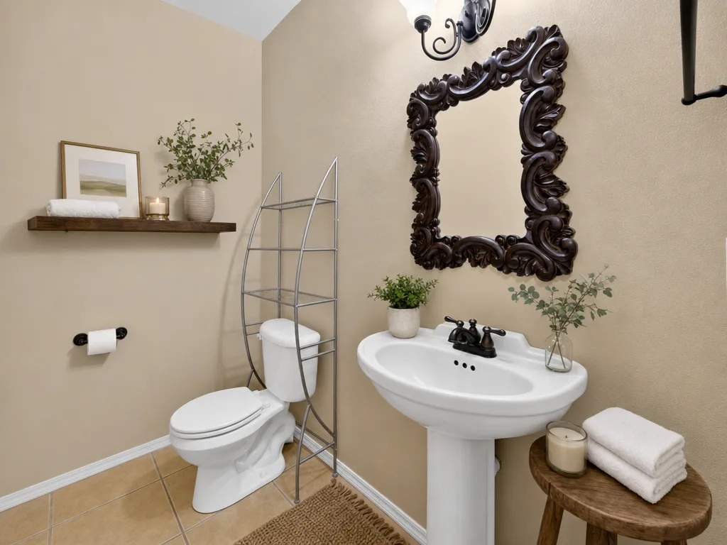 Powder room, virtually staged with guest towels and decor