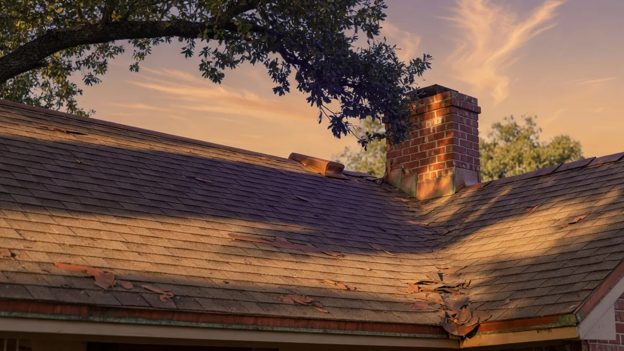 A Texas ranch home's roofline at late afternoon with weathered shingles and copper flashing around the chimney