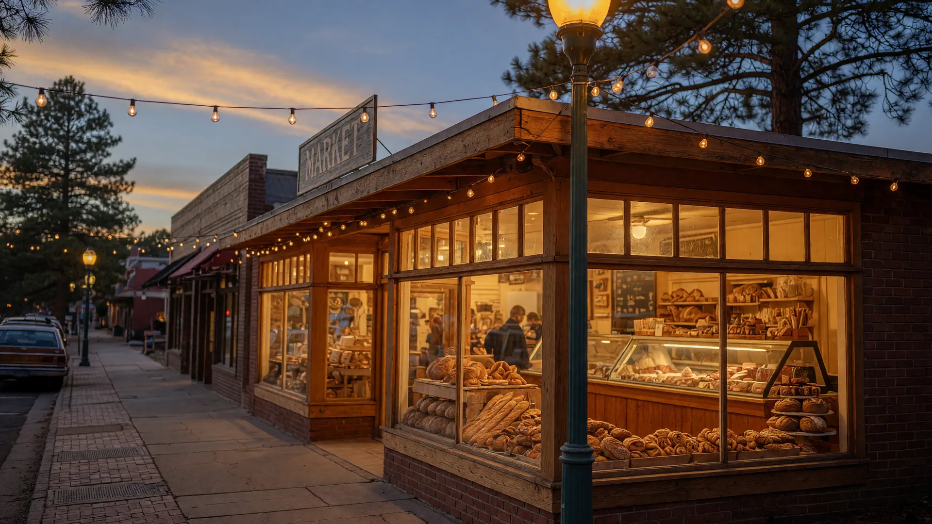 A warm market storefront with fresh bread in the window on a downtown Flagstaff evening