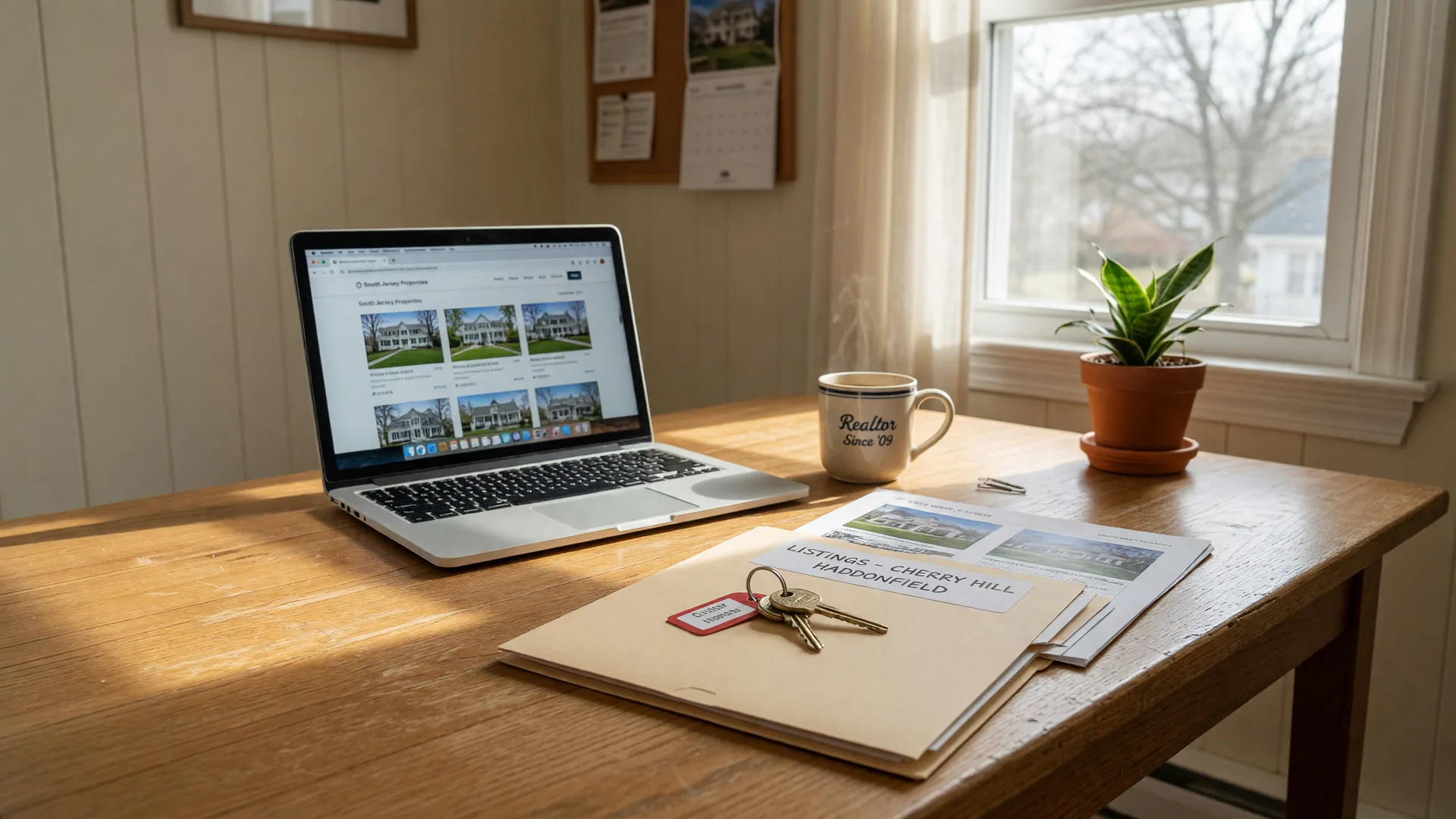 Real estate meeting desk with a laptop showing listings, listing documents, a brass house key, and coffee in a South Jersey home office