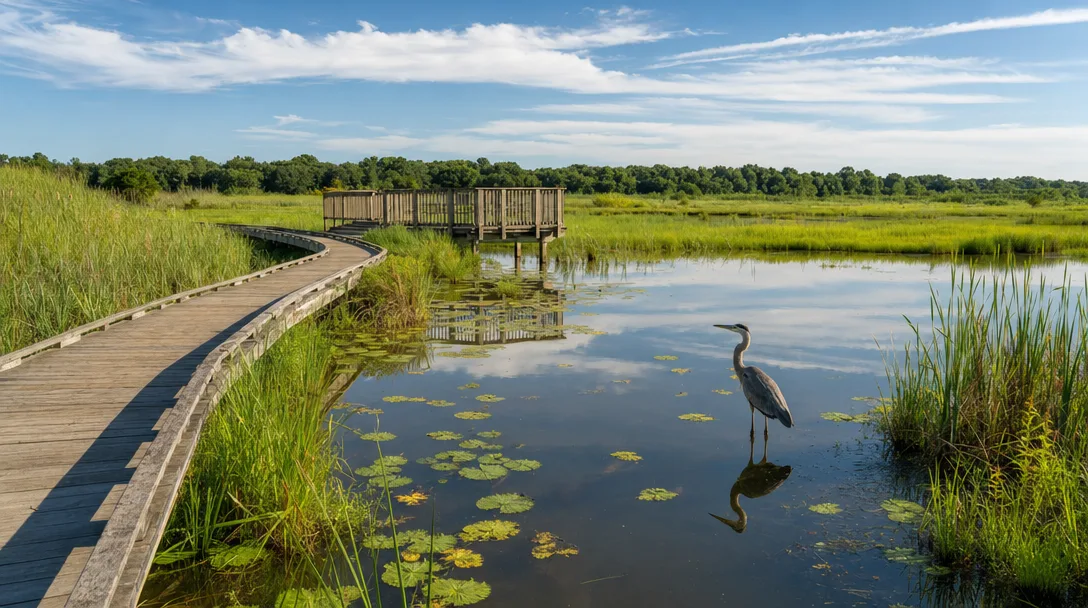 Boardwalk trail through Cumberland Marsh Natural Area Preserve in Virginia with a great blue heron in the marsh