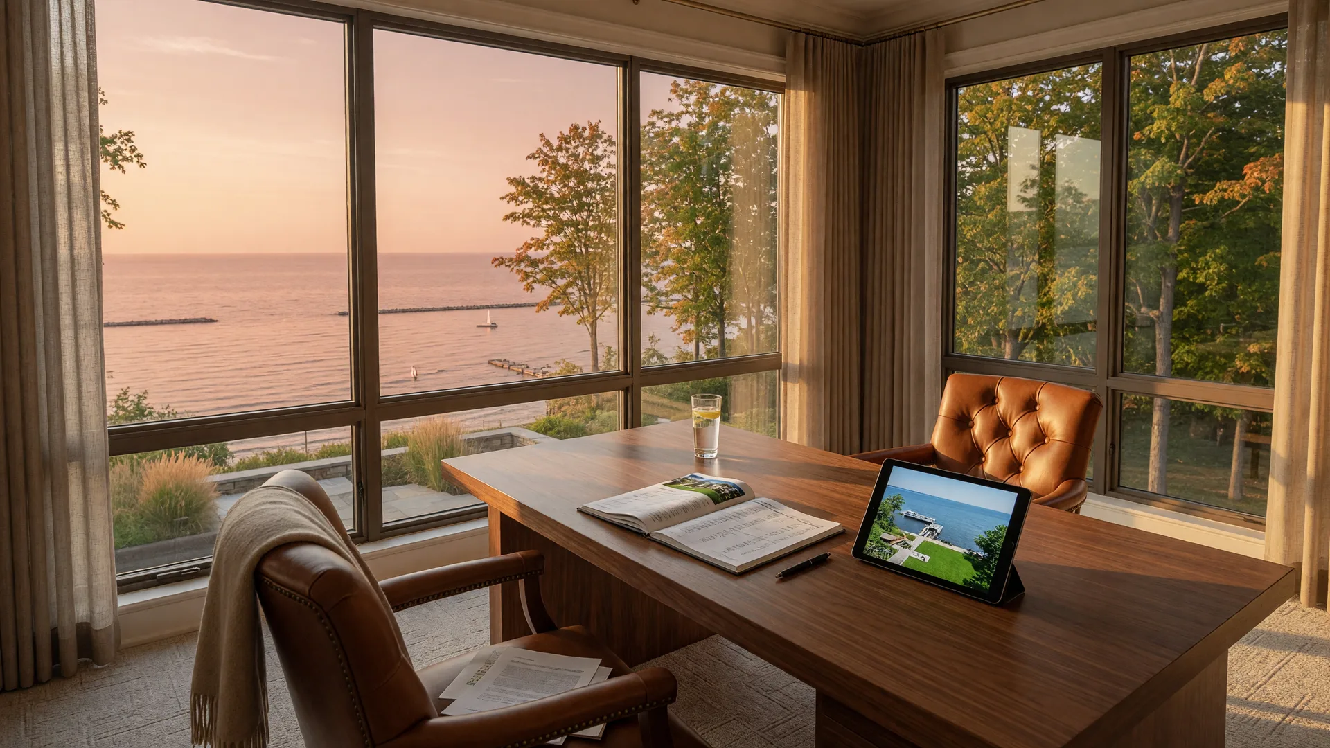 Luxury home consultation space in Westlake, Ohio with a walnut desk, property documents, leather chairs, and floor-to-ceiling windows overlooking Lake Erie at golden hour