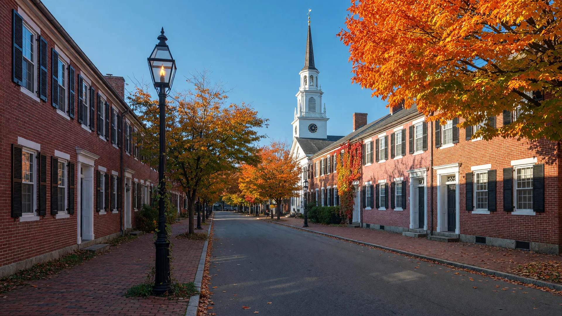Historic Salem brick street lined with autumn trees in October, church steeple at the end of the street