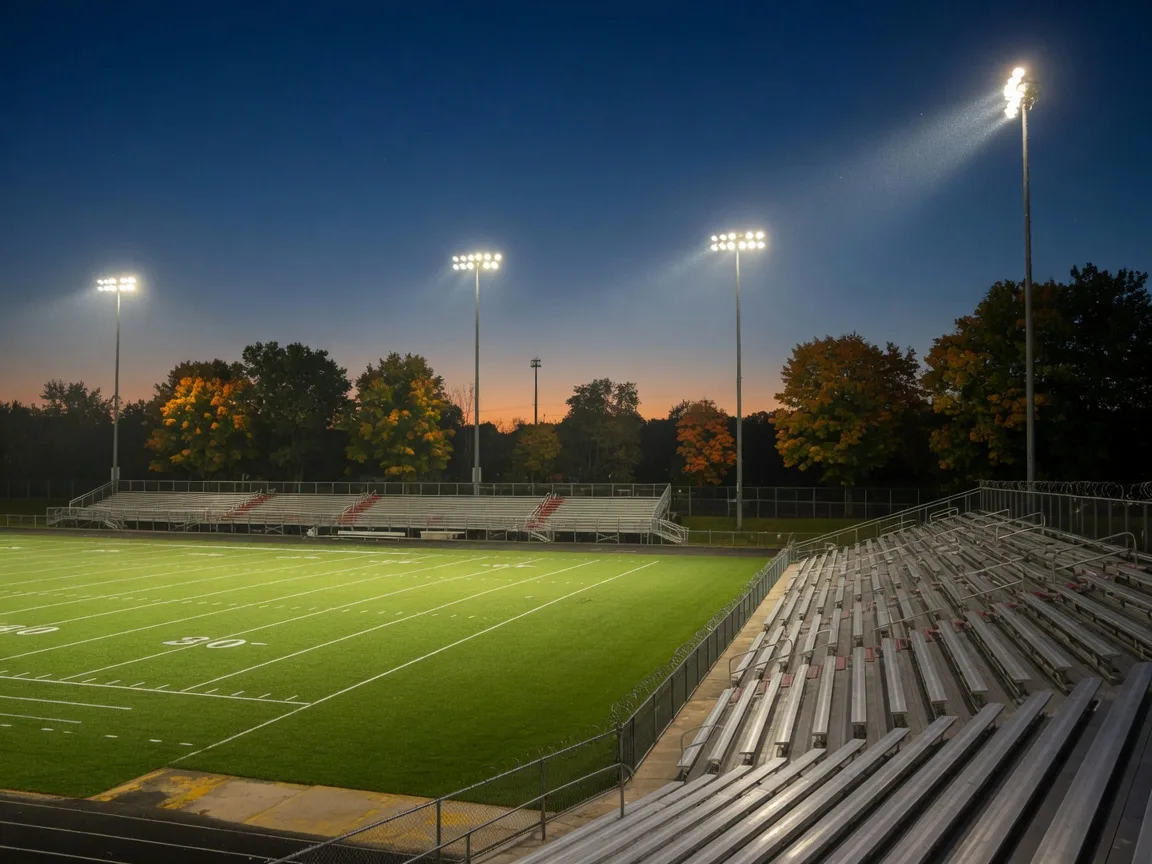 Zephyr Stadium light towers glowing over the turf and empty bleachers on a late-September dusk