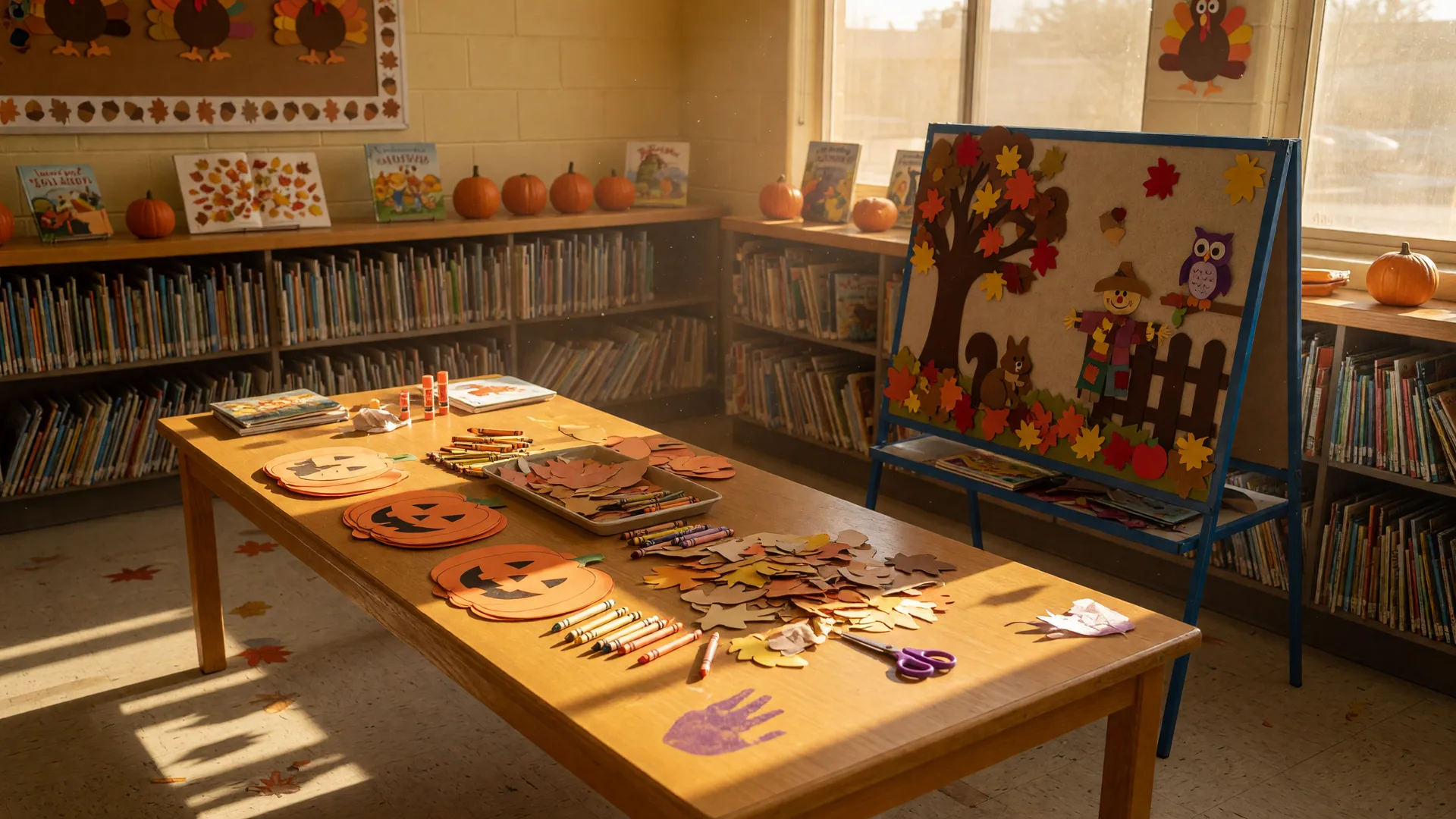 A bright public library program room in late October with a long wooden craft table set with paper pumpkins, orange and gold leaf cutouts, crayons, scissors, and glue sticks, a felt-board autumn story scene on an easel, and shelves of picture books in warm golden window light