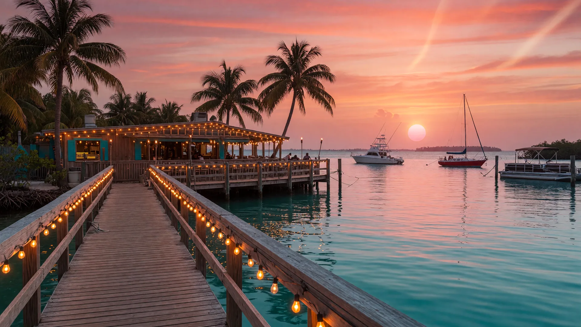 Tropical sunset over the Florida Keys with a string-lit wooden dock leading to a waterfront restaurant, silhouetted palm trees and calm turquoise water