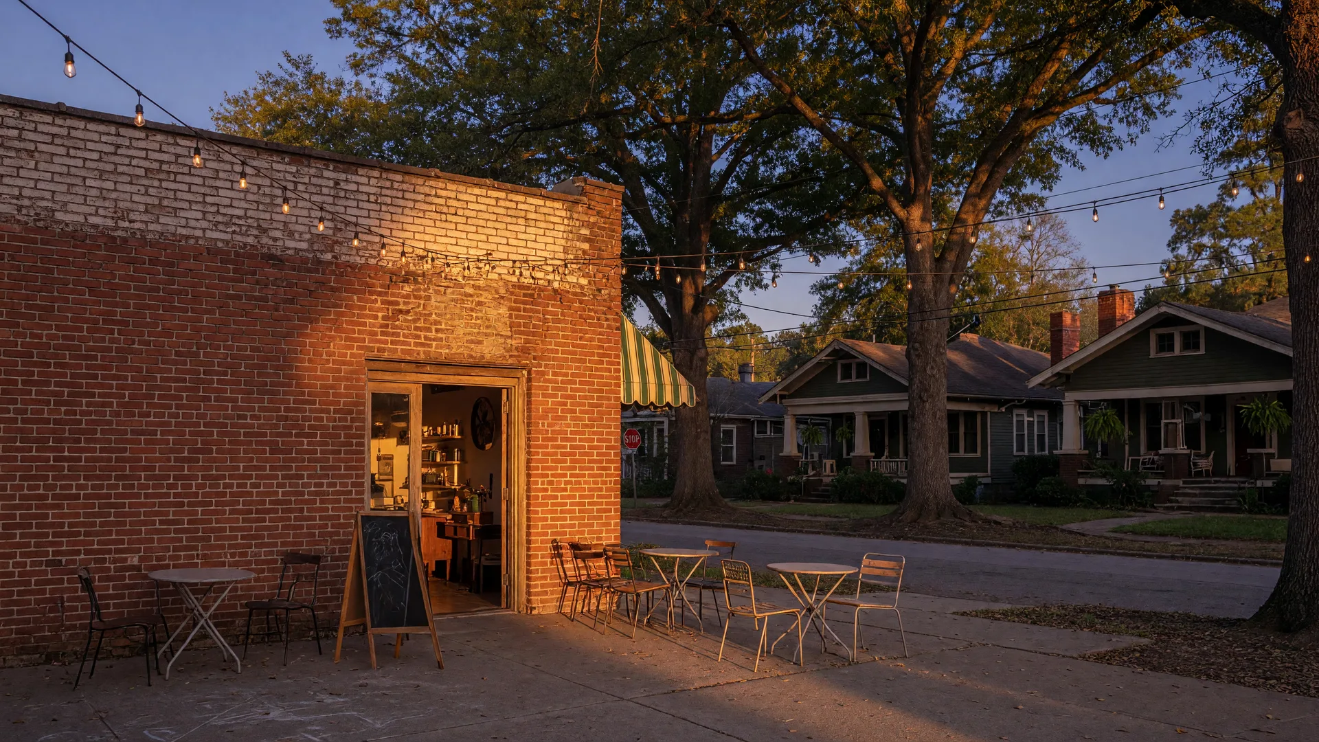 A neighborhood restaurant patio with string lights on a tree-lined Kirkwood street at dusk