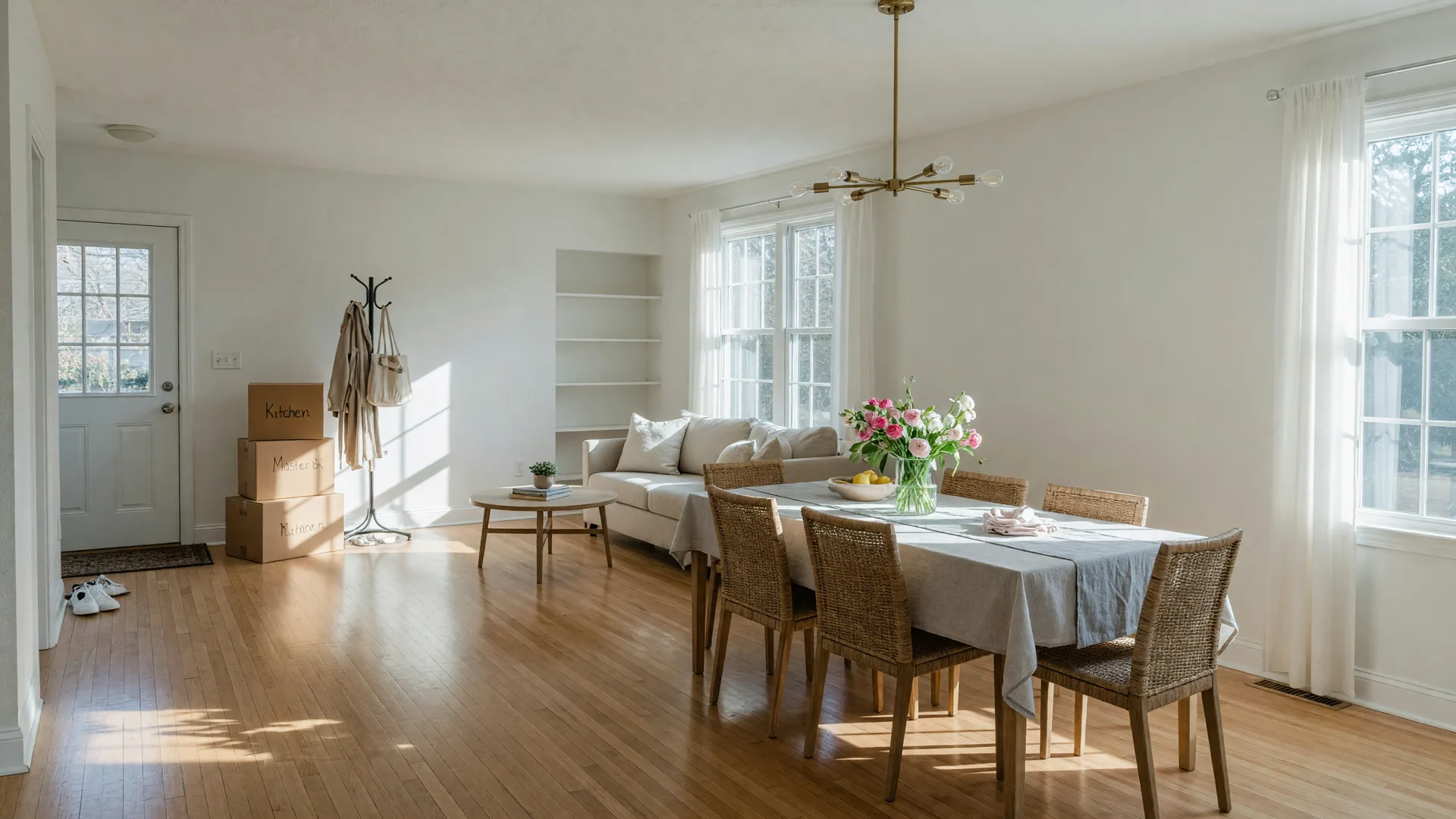 A freshly staged living and dining area ready for buyers, with moving boxes by the door