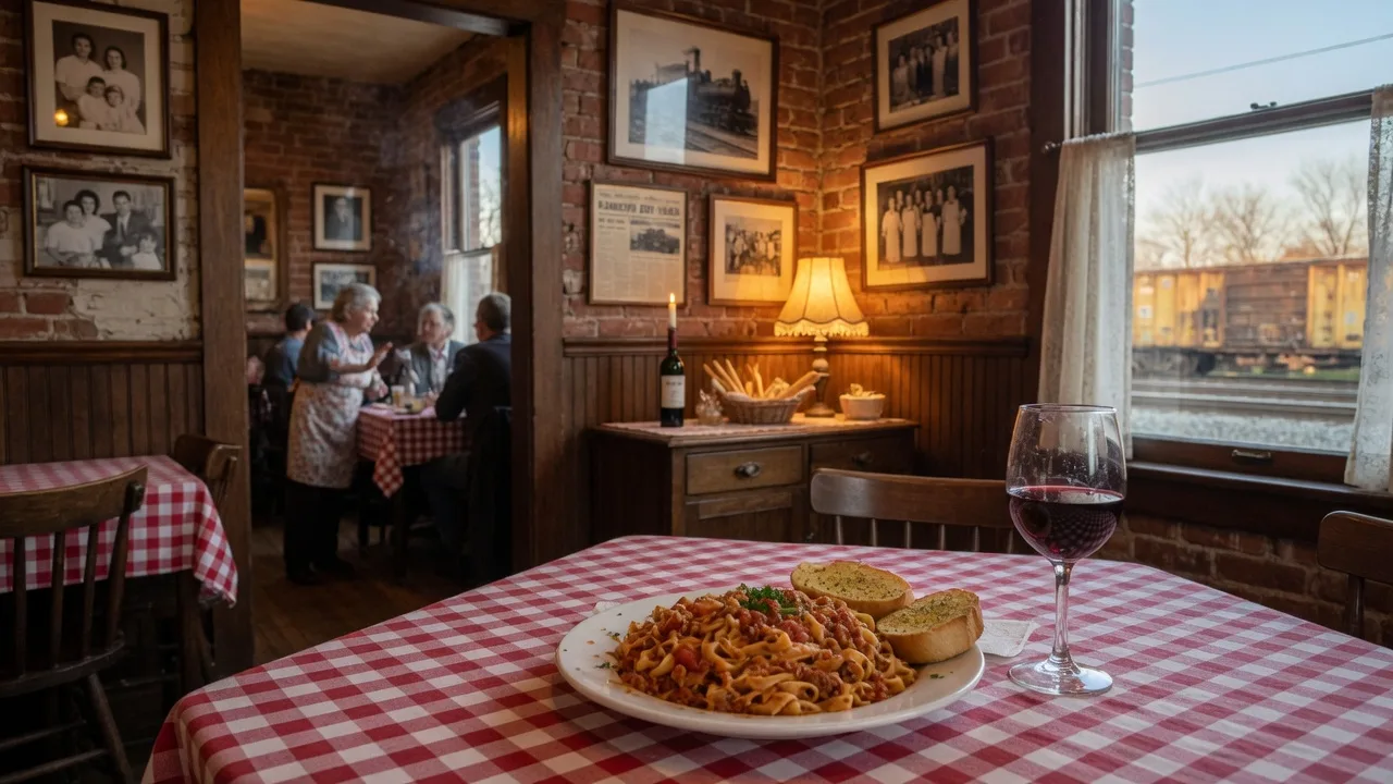 A cozy family-run Italian restaurant in a converted brick house near the railroad in Painesville, Ohio, a red-and-white checkered tablecloth set with a plate of homemade fettuccine in red sauce, garlic bread, and a glass of red wine, warm golden lighting with vintage framed photos on dark wood walls softly blurred behind