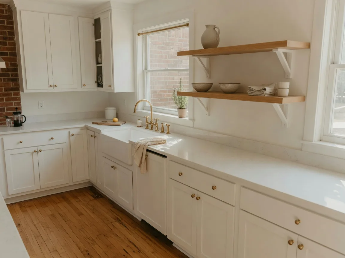 Bright renovated kitchen inside a brick ranch home with white cabinets and warm wood floors