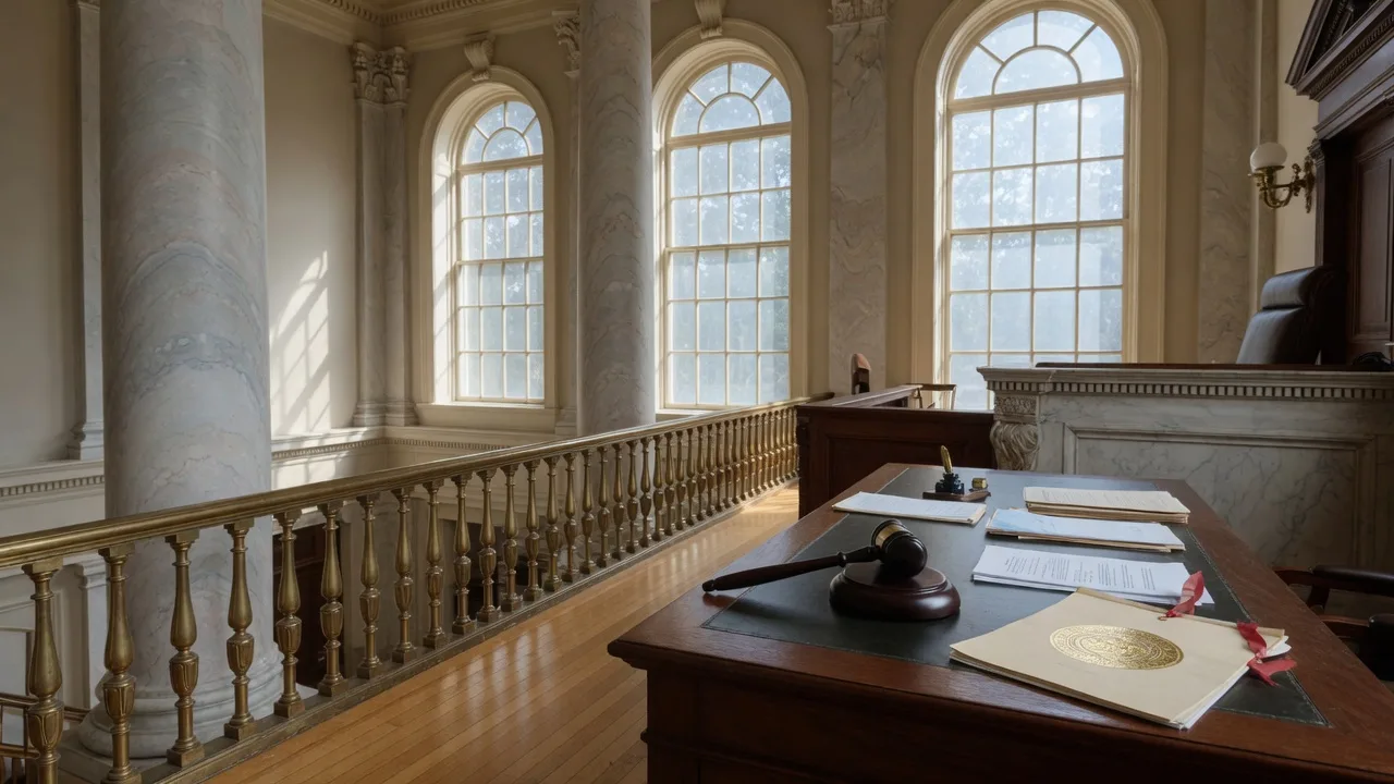 Maryland courthouse interior with marble columns, brass railings, a gavel, and a gold-sealed legal document on a wooden desk