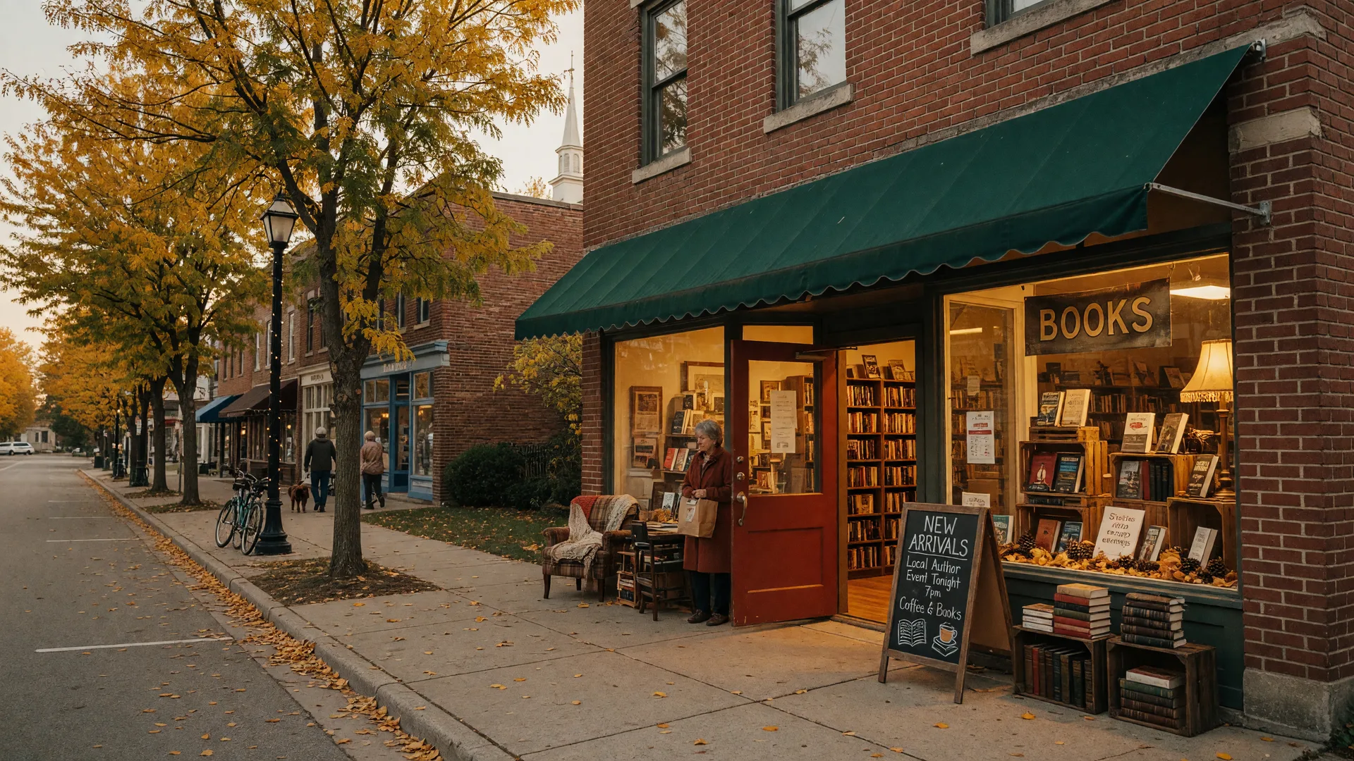Warm, inviting storefront of an independent bookstore on the historic main street of a small Michigan village with golden light spilling from the doorway