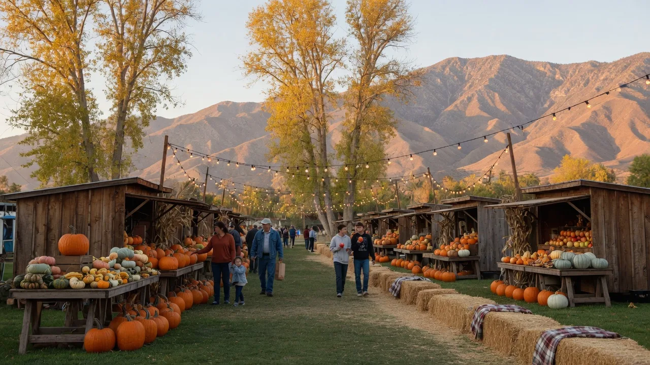 Small-town autumn festival in the San Gorgonio Pass with pumpkin vendor booths, hay bales, and string lights beneath the San Bernardino mountains