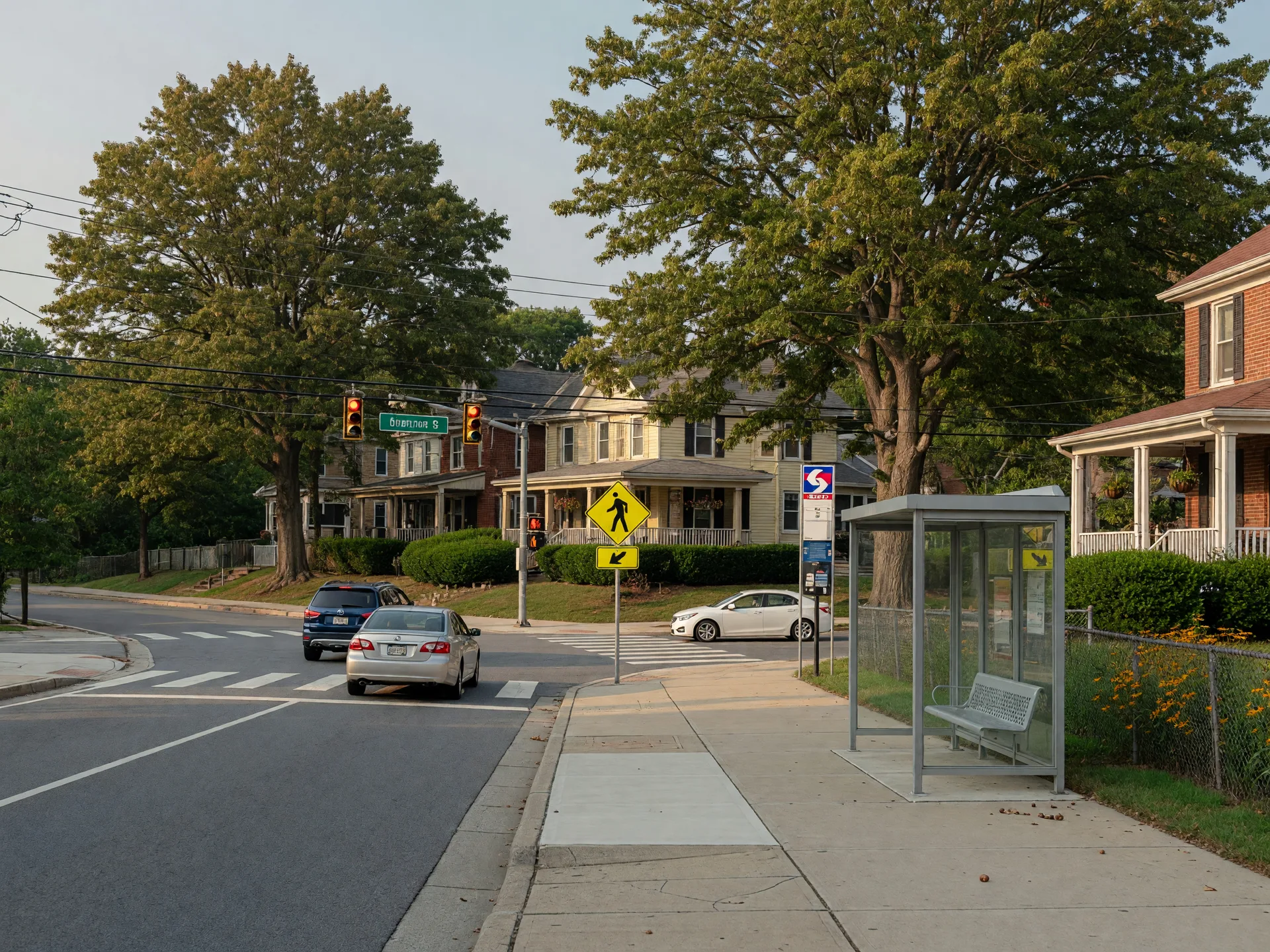 The intersection of Jenkintown Road and Meetinghouse Road in Abington Township on a sunny late summer afternoon, with crosswalks, mature trees, and a SEPTA bus stop