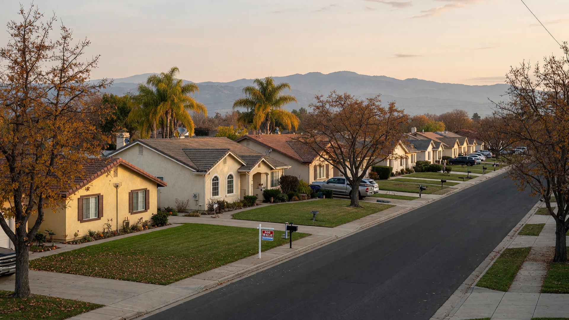 A quiet residential street in Merced County, California on a crisp mid-October morning with single-story ranch and stucco homes, neat lawns, for-sale signs at the curb, mature oak and palm trees, and the hazy Sierra Nevada foothills on the horizon