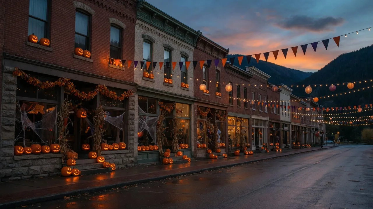 Historic downtown storefronts decorated with glowing carved jack-o-lanterns and string lights at dusk for Halloween